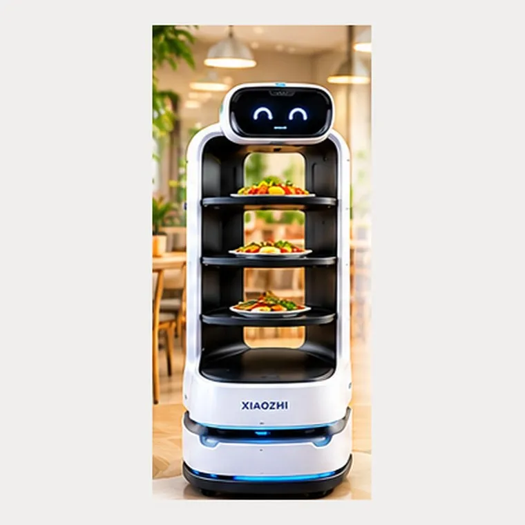 Robot phục vụ Xiaozhi ba tầng khay, màn hình mặt cười, đế có đèn LED