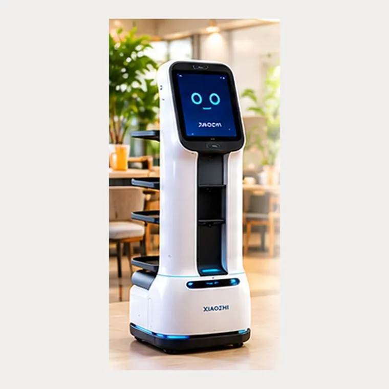 Robot OTTO thân cao với màn hình mặt cười, đế di chuyển có đèn