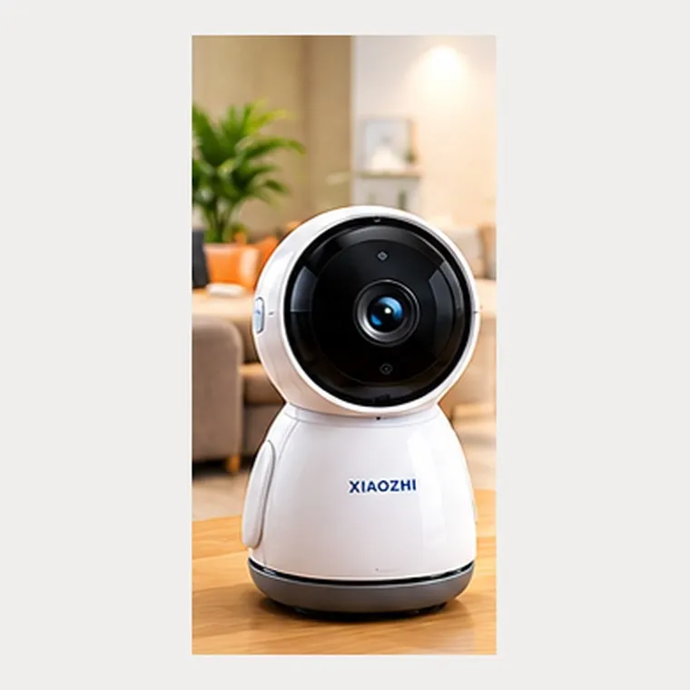 Robot camera AI thân trắng với ống kính tròn lớn phía trước